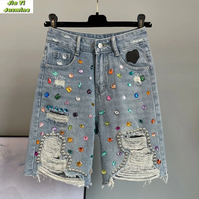 

2025 Women's Summer New Colorful Diamond Studded Broken Hole Cowboy Pentagram Pants Loose Horse Pants