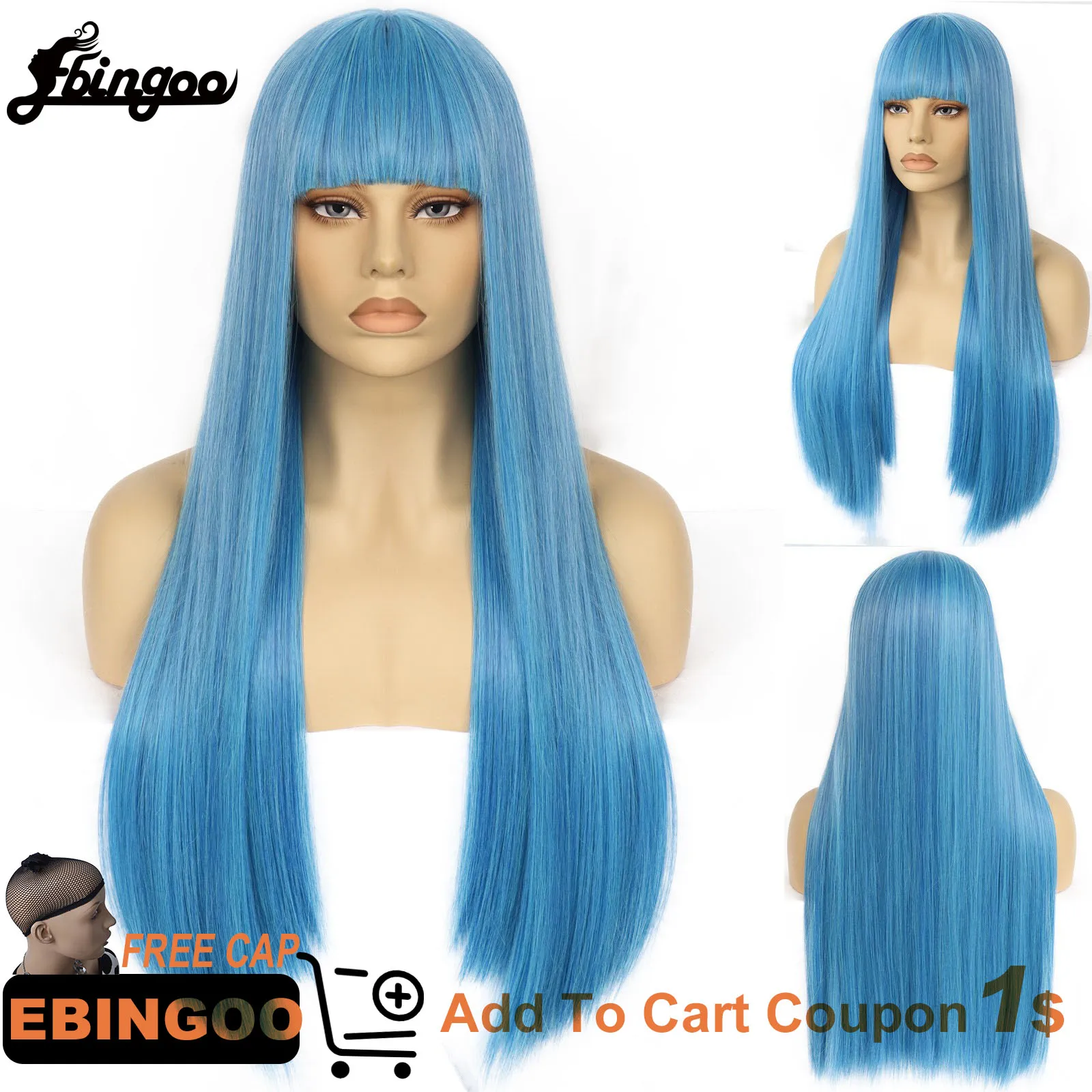 

Ebingoo Synthetic 30INCH Long Blue Wig with Bangs Full Machine Made Hair Wigs Heat Resistant Fiber Women Wig with Free Wig Cap