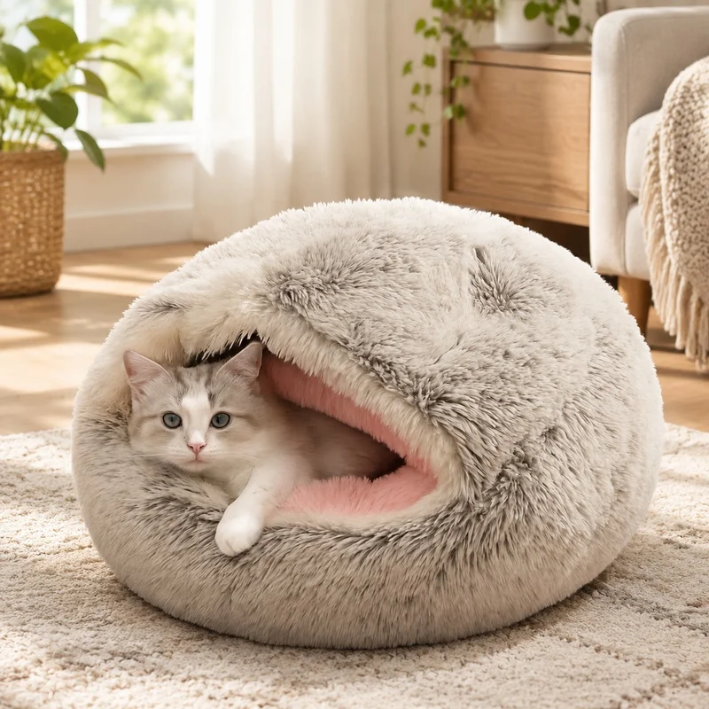 Winter Warmth Plush Pet Cave - Soft Fleece-Lined Semi-Enclosed Cat Bed
