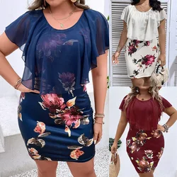 Damska sukienka 1XL-5XL Plus size New Chiffon Round Neck Mesh Printed Large Loose Hip Wrap Dress dla kobiet