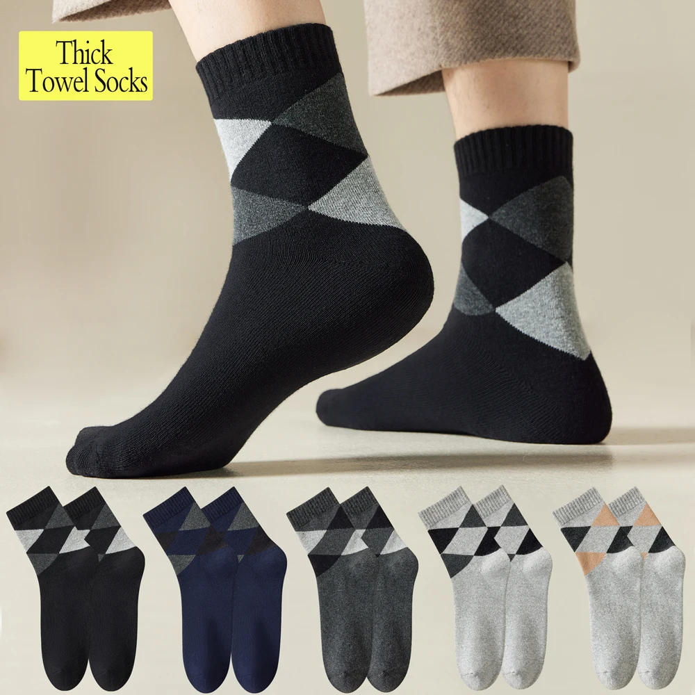 

Men's Retro Argyle Cotton Socks Fleece-Lined Terry Sole Long Socks Cotton Anti-Odor Mid-Calf Socks for Winter Warmth
