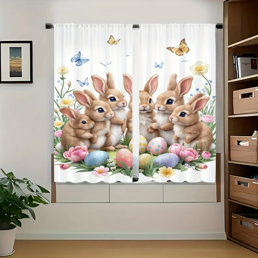 2PCS Digital Printed Curtains, Rabbit Family Design, Easter Holiday Style Rod Pocket Window Drapes for Living Room Decor