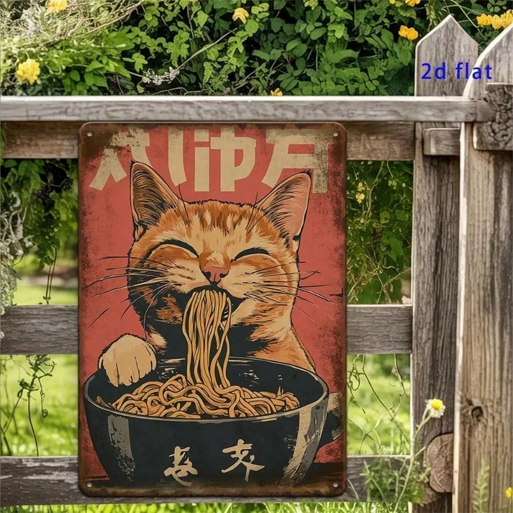 

Vintage Cat Eating Ramen Metal Tin Sign Japanese Retro Kitchen Wall Art Bar Decor Funny Animal Plaque
