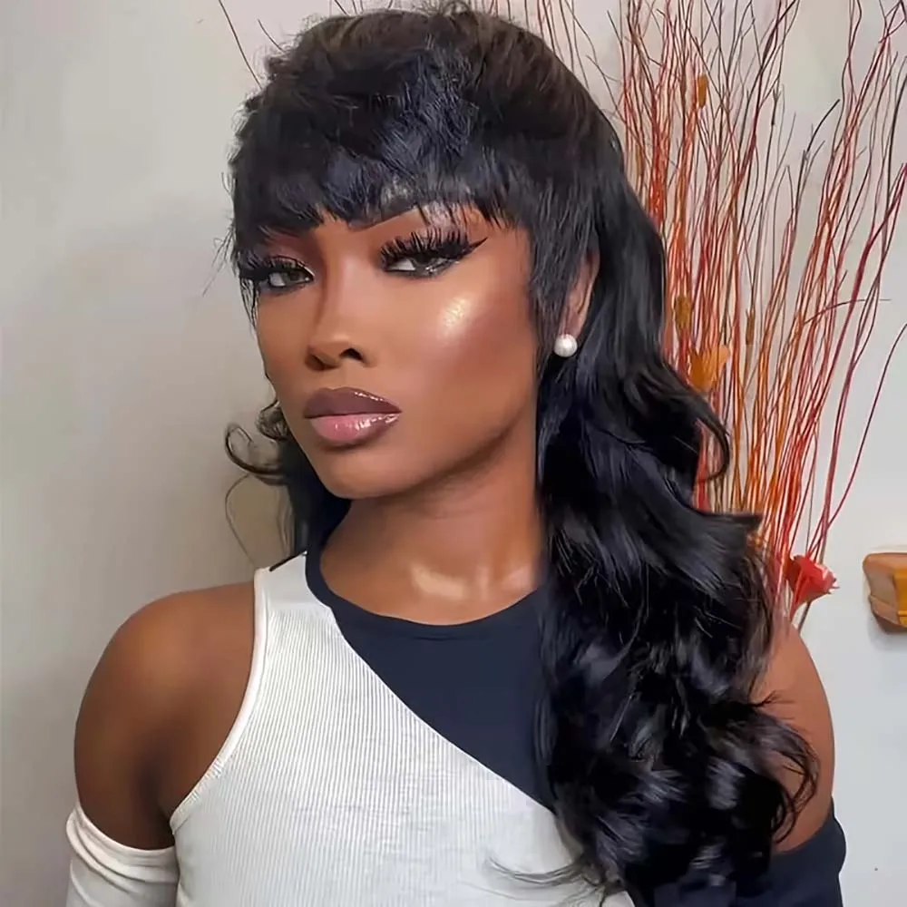Perruques de cheveux humains Bob coupe mulet Pixie avec frange pour femmes noires perruques ondulées de loup naturelles pleine Machine