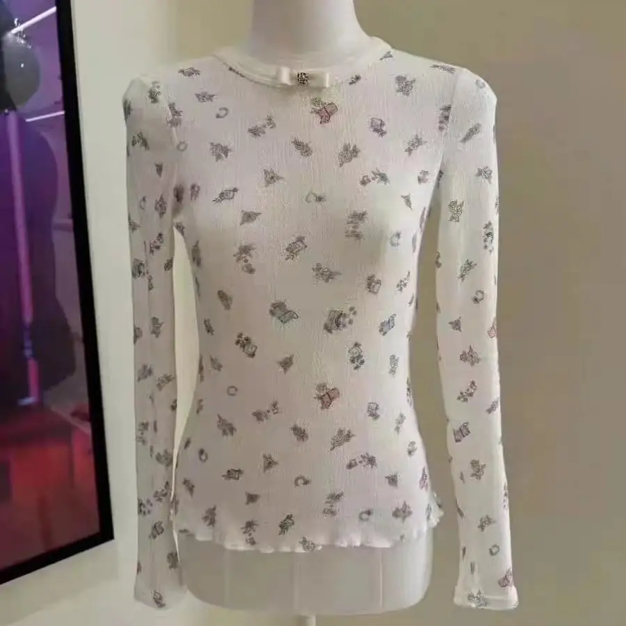 

Base Shirt 2024 Winter New Style Painted Floral Butterfly Bow Rhinestone Lace Knit Shirt