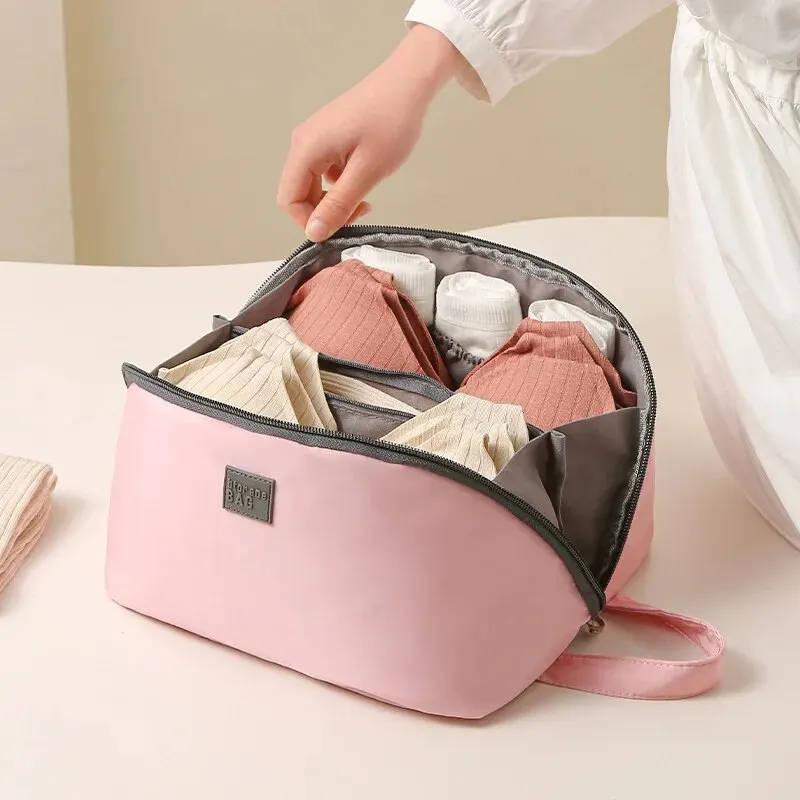 Bolsa De Armazenamento De Roupa Interior Portátil Com Zíper, Organizador De Sutiãs, Lingerie E Acessórios De Roupa Interior Feminina De Viagem, Rosa e Cinza, 1Pc