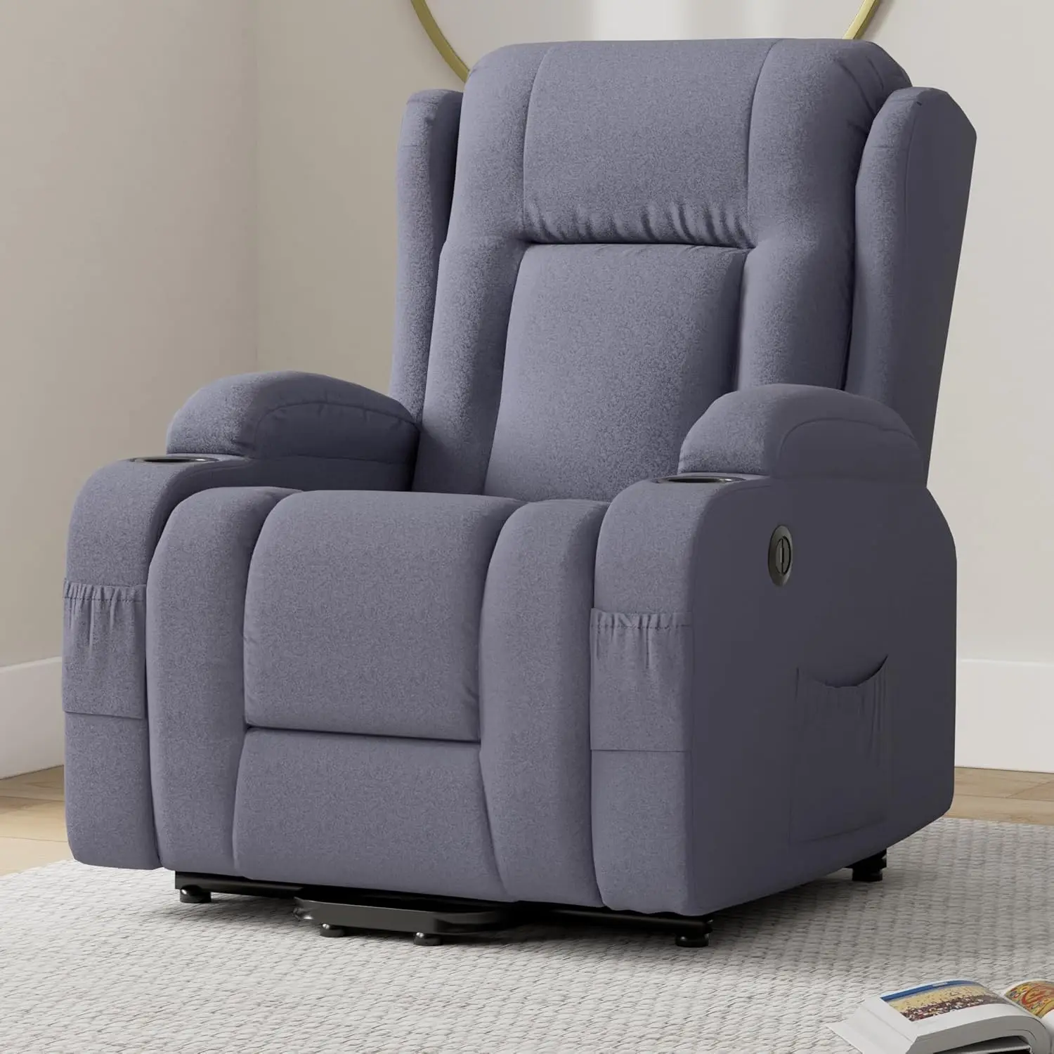 Modern Linen Electric Power Lift Chair, Recliner Massage Chair, Adjustable ,USB Port, Heat, Cupholders, Easy-to-Reach - Blue