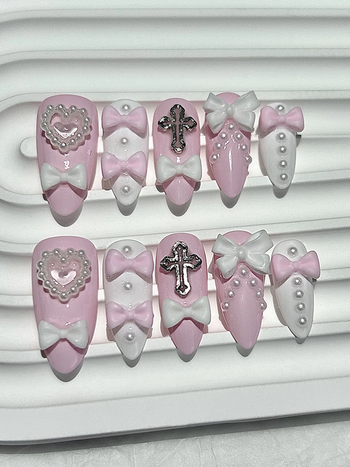 10 Pieces Y2K Spice Girls Bow Pearls Cute Pink White Handmade Press On Nails Heart Cross Yami Kawaii Art Fake Nails