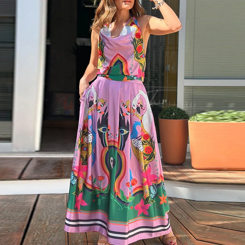 

Женское платье с открытой спиной и лямкой на шее, свободное богемное платье без рукавов, повседневное длинное платье с принтом для отпуска, новинка 2024