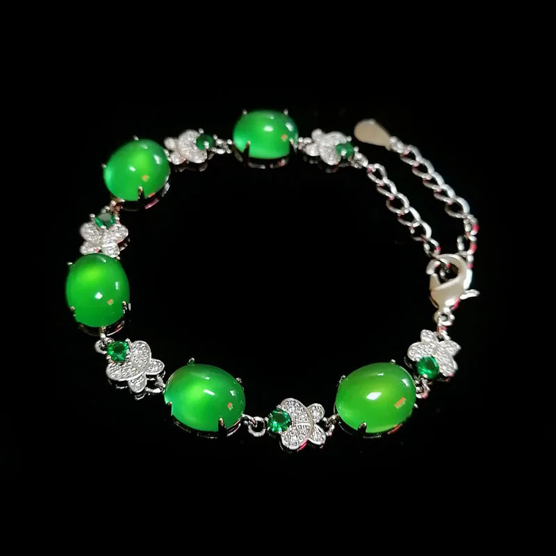 

Butterfly Design Chalcedony Bracelet, High Ice Imperial Green Agate, 925 Silver Inlaid, Fashion Luxury Women Jewelry