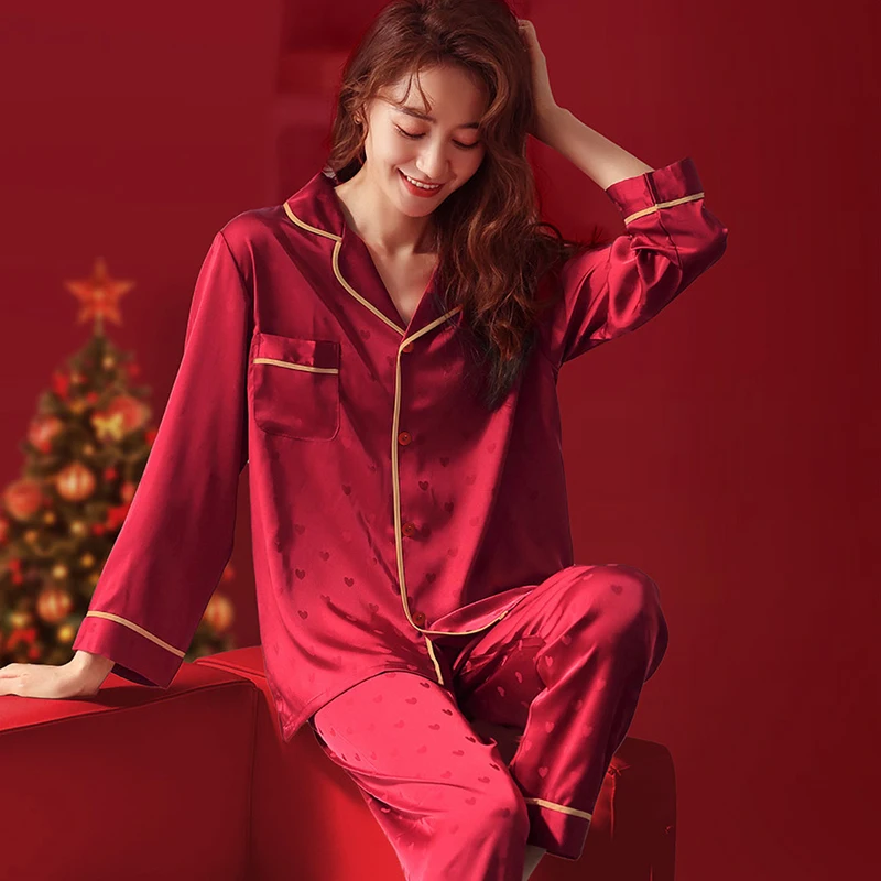 Primavera outono feminino mancha de seda pijamas conjunto bonito amor impressão topo e calças pjs chinês sorte vermelho lounge conjuntos casa wear conjunto senhora