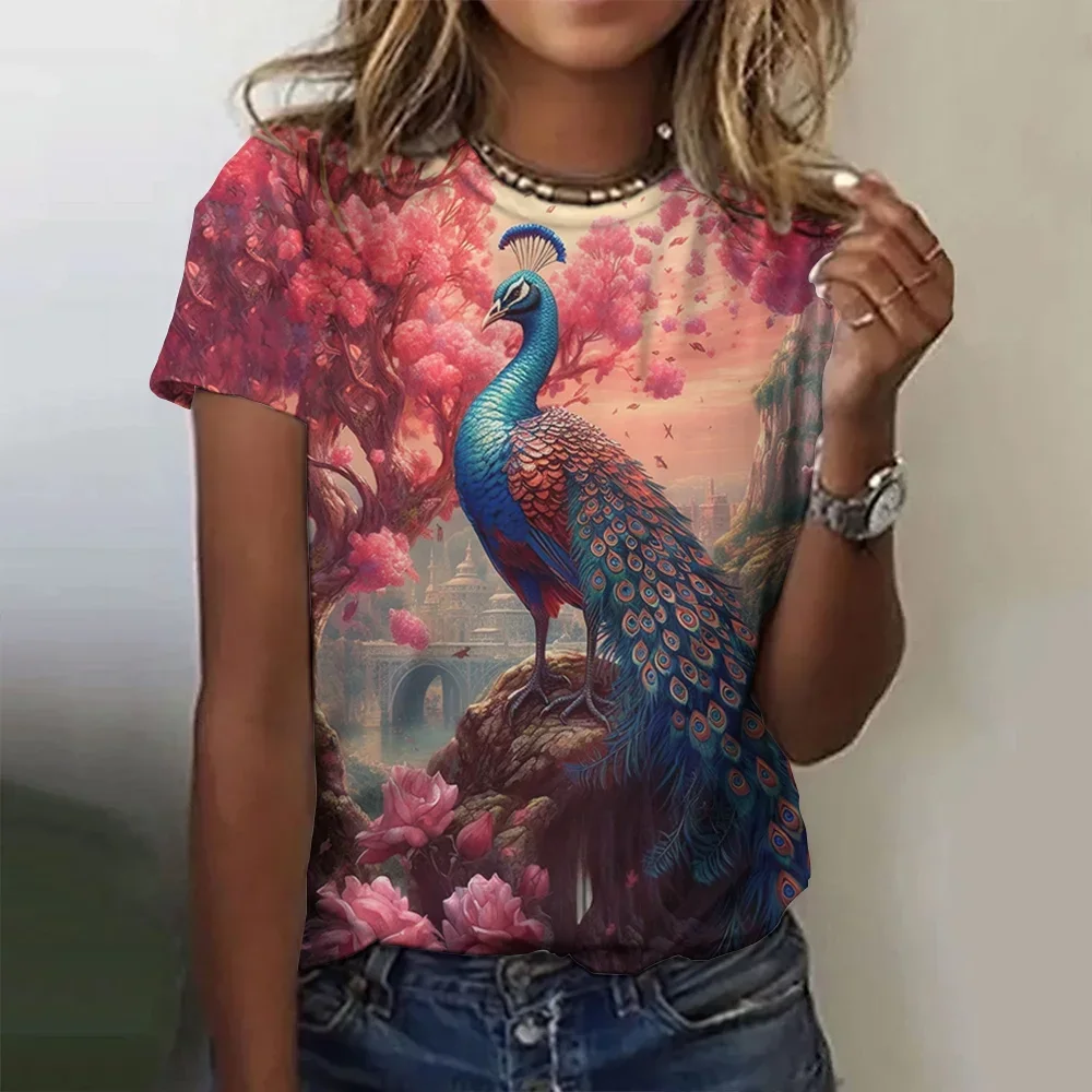 Women's Luxury T-Shirt Summer 3D Peacock Print Tops Tees Casual Short Sleeve Pullovers Oversized Fashion Tshirt Woman Clothing