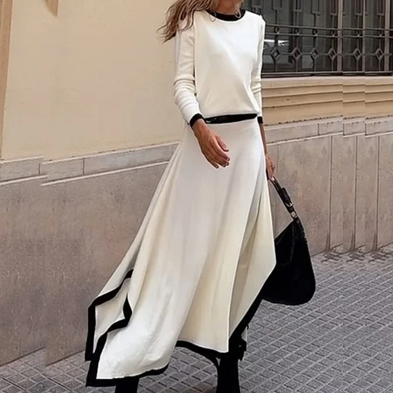 Casual O Neck Long Sleeved Pullover and Half Skirt Set New Autumn Color Blocked Loose Suit Lady Fashion Irregular Office Outfit