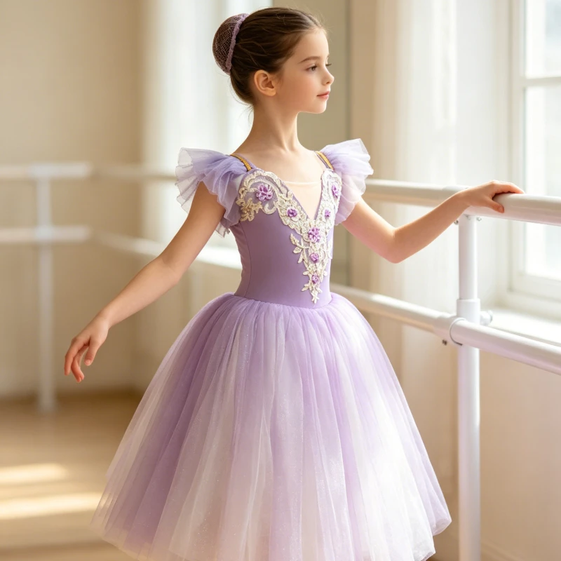 

Professional Lace Flower Long Tulle Ballet Tutu Dress, Ballet Skirt for 8Y and Above, School Dance Performance Ballet Costumes