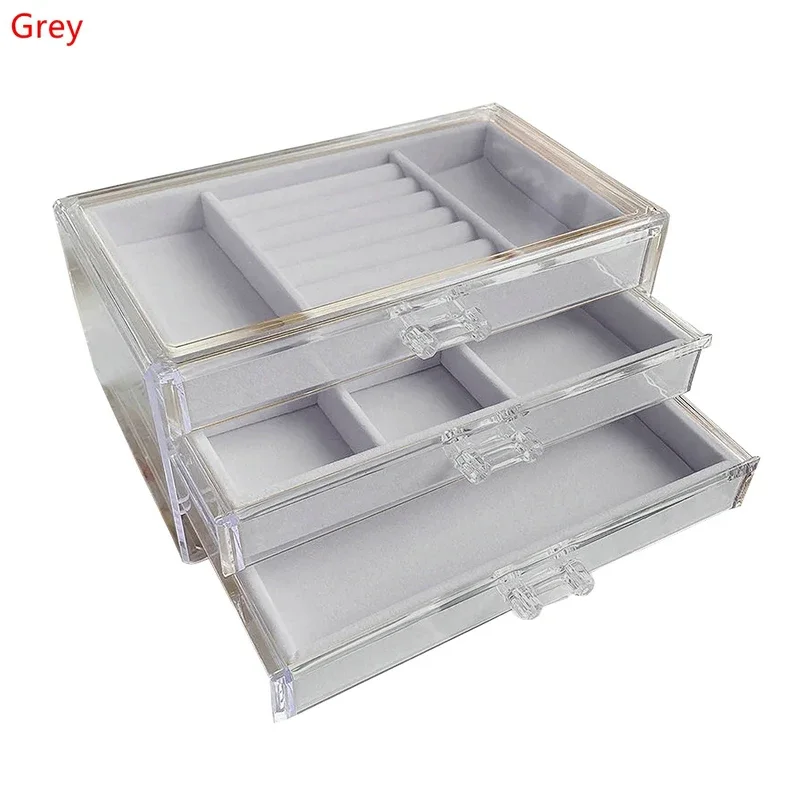 Clear Acrylic Jewellery Storage Box Women 3 Drawers Velvet Organiser Earring Bracelet Necklace Rings Jewellery Case Holder