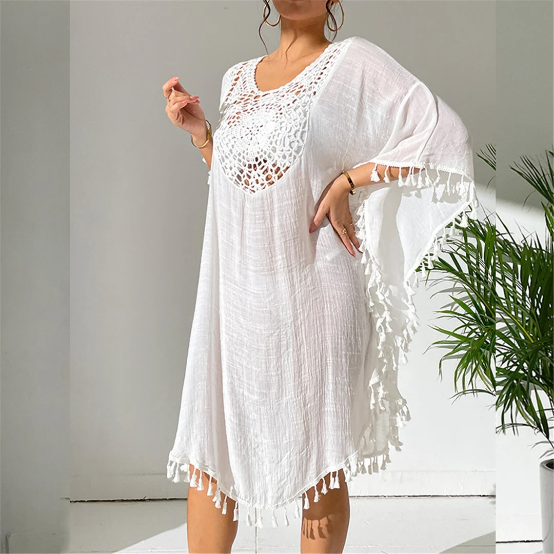 Neue Tunika mit Fransen, Quasten und Stickerei, halblange Ärmel, Strandkleid, langes Strandkleid, Strandmode, Damen, V5328 – Detail 11