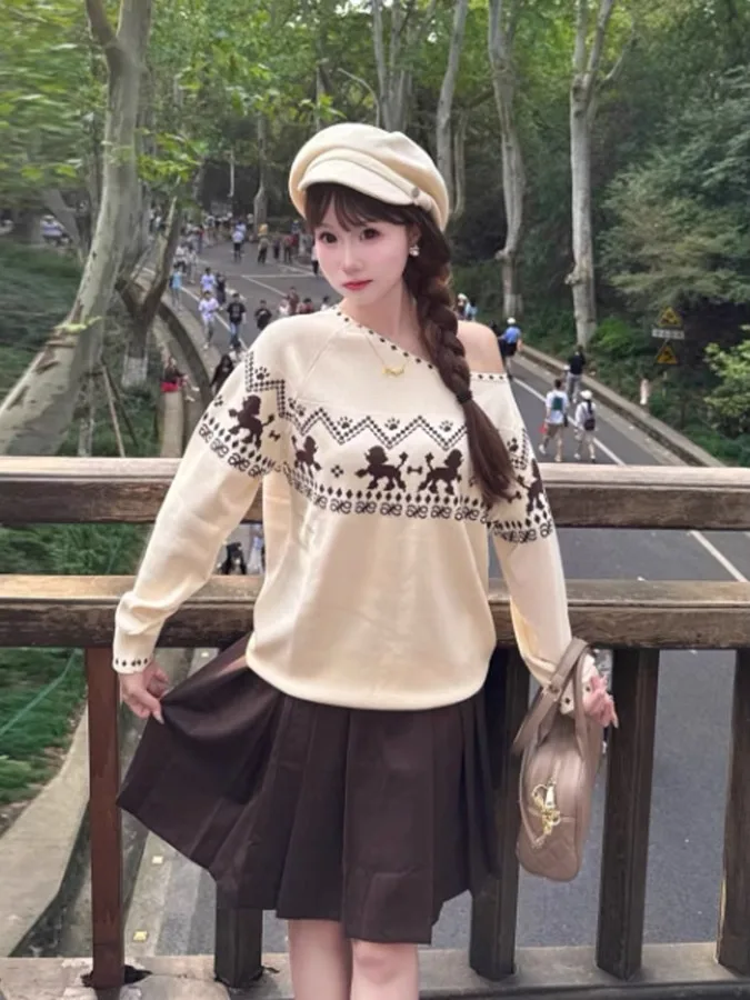 الرجعية معرض جزيرة قبالة الكتف سترة المرأة فضفاضة كسول Sle ملابس خارجية الخريف الشتاء ألياف البوليستر طويلة Sve محبوك irt #3