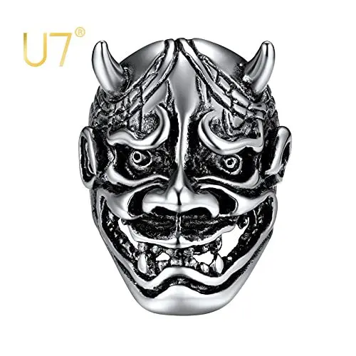 

U7 Skull Vintage Hannya Mask Devil Horn Ring for Men Black Gold Color Stainless Steel Ring Halloween Series Gothic Punk Jewelry