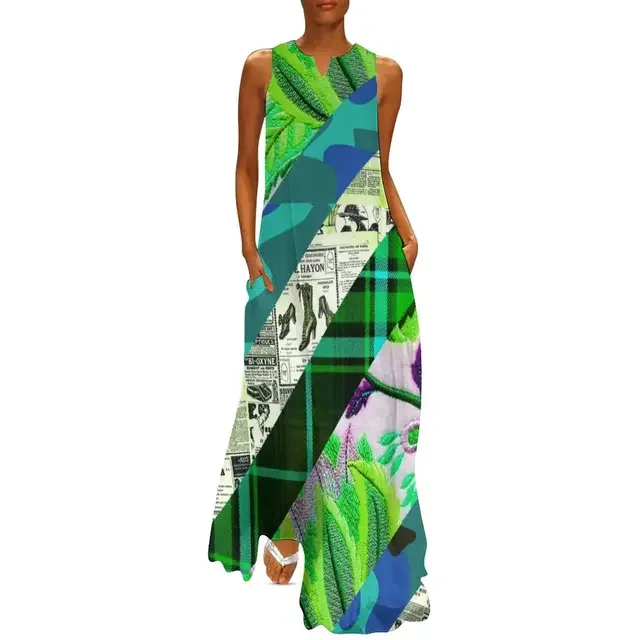 Newspaper Collage Print Dress Women Elegant Maxi Dress Street Style Casual Sleeveless Long Dress Summer V-Neck Pattern Vestidos — zdjęcie 7