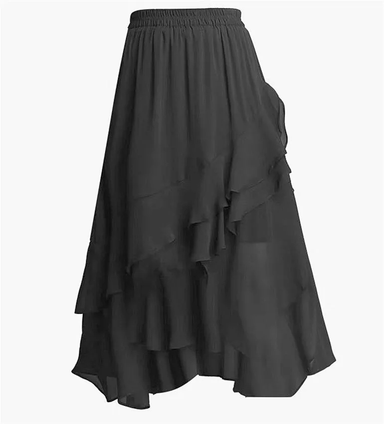 تنورة كورية عالية الخصر مثيرة غير متناظرة موضة الحفلات المسائية الكشكشة تنانير شيفون بالإضافة إلى حجم التنانير المكتبية أسود أحمر أبيض #5