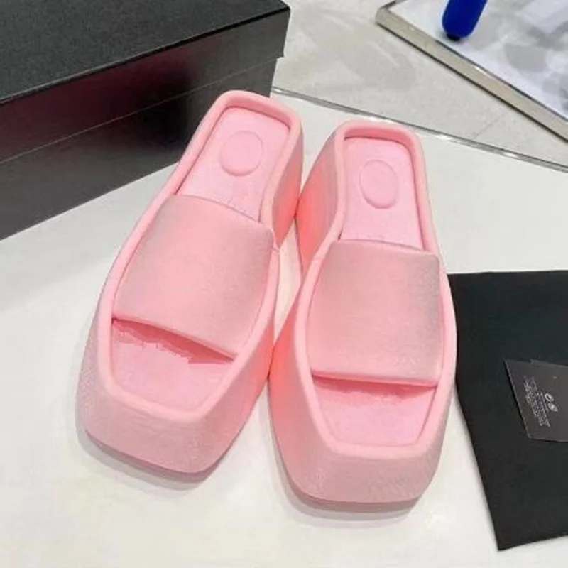 2023 Summer Brand New Women Single Band Platform Sandals Black Nylon Chunky Platform Wedges Slipper Sandals