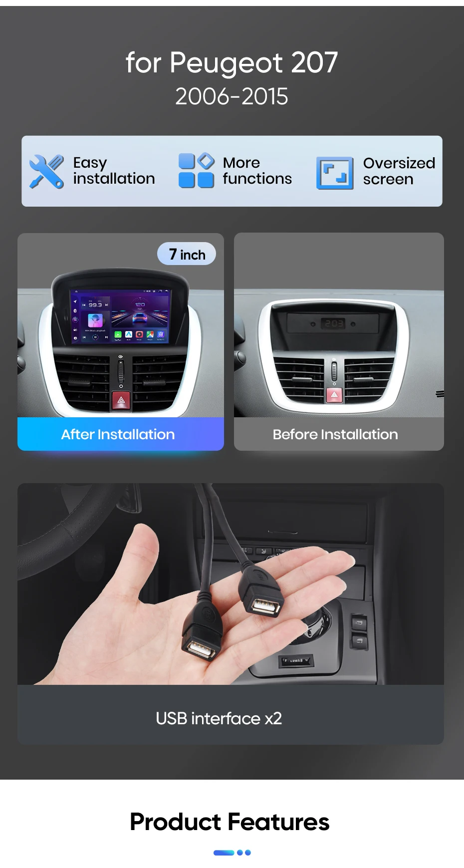 Junsun 7" Wireless CarPlay Android Auto Car Radio for PEUGEOT 207 207CC 2006 2007-2015 Multimedia Wireless Apple CarPlay Smart Intelligent Systems IPS Touch Screen Stereo Video Player 2 Din Autoradio Head Unit Navigation BT GPS 4G WIFI FM AM DSP RDS SWC