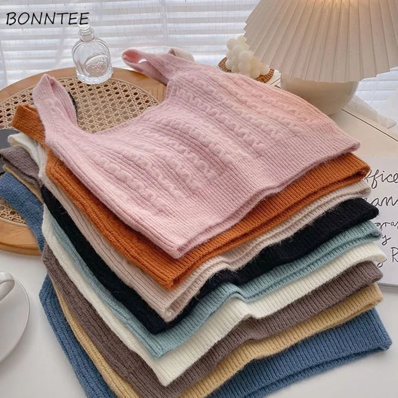 Sweater Vests Women Sleeveless Chic Crops Femme Student Candy Color Korean Version Solid All-match Sweet Style Streetwear Inside