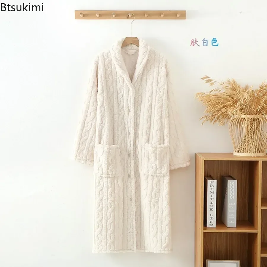 Autumn Winter Women Warm Flannel Robe Ladies Soft Bathrobe Female Long Sleeve Dressing Gown Warm Fleece Robes Simple Home Cloth
