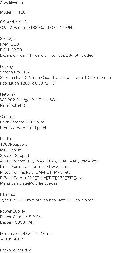 Hot Sales 10.1 Inch T10 FX10 Android 11 Tablet CPU 2GB RAM 32GB ROM A133 Quad-Core 1.4GHz 1280 X 800 IPS HD Type-C