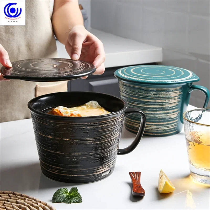 

Creative ceramic tableware Home restaurant Instant noodle cup with lid Breakfast cup