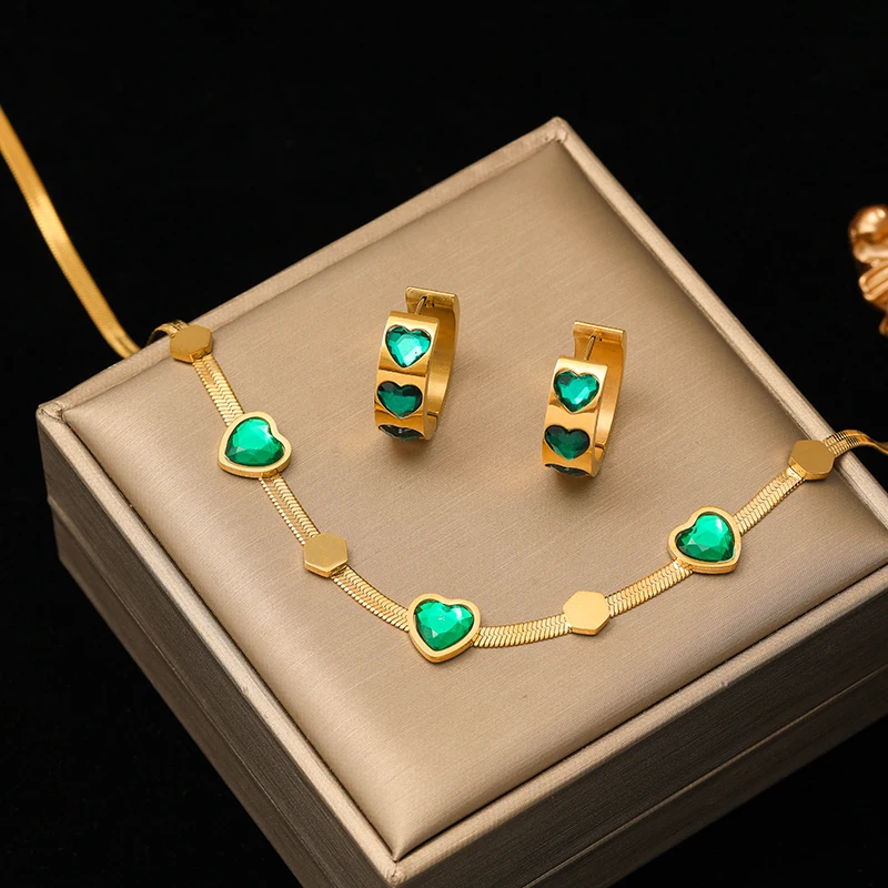 EILIECK 316L Edelstahl 1 Set Herzförmige Grüne Kristall-Halskette Ohrringe für Frauen Mädchen Mode-Schmuckset Geschenk Party – Detail 5