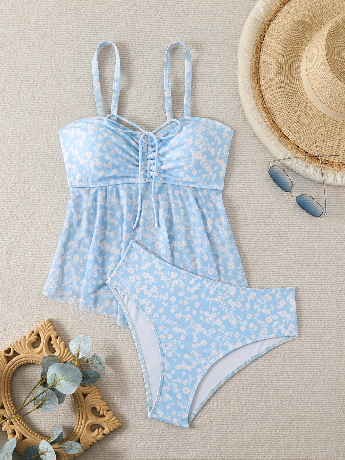 2026 Tankini à volants deux pièces pour femme, maillot de bain à bretelles avec cordon de serrage, t
