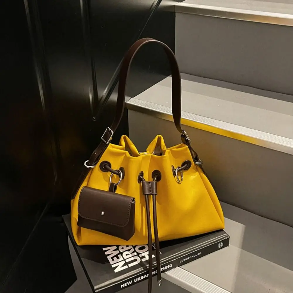 

Casual Korean Style Drawstring Bucket Bag Cylindrical Handbag Pu Shoulder Bag Solid Color Handheld Crossbody Bag Girls