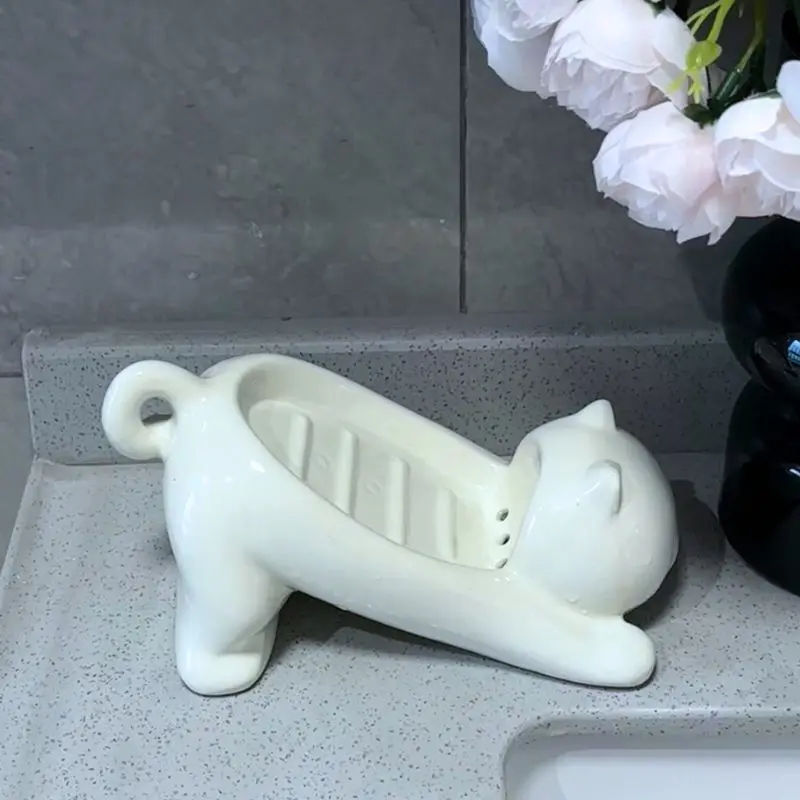 

Cute Cat Drain Soap Holder Container Smooth Toilet Soap Dish Case Tray Bathroom Accessories Washroom Tools Home Decor