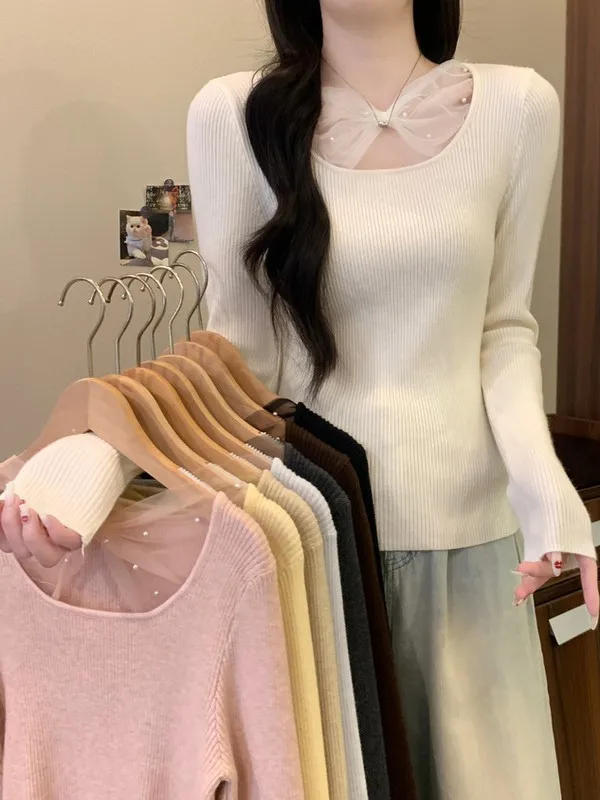 

Женский вязаный свитер Faionable Me Splice Slim Fit Long Sve Knot Top Ele Sle French Sle, средний размер, диван...