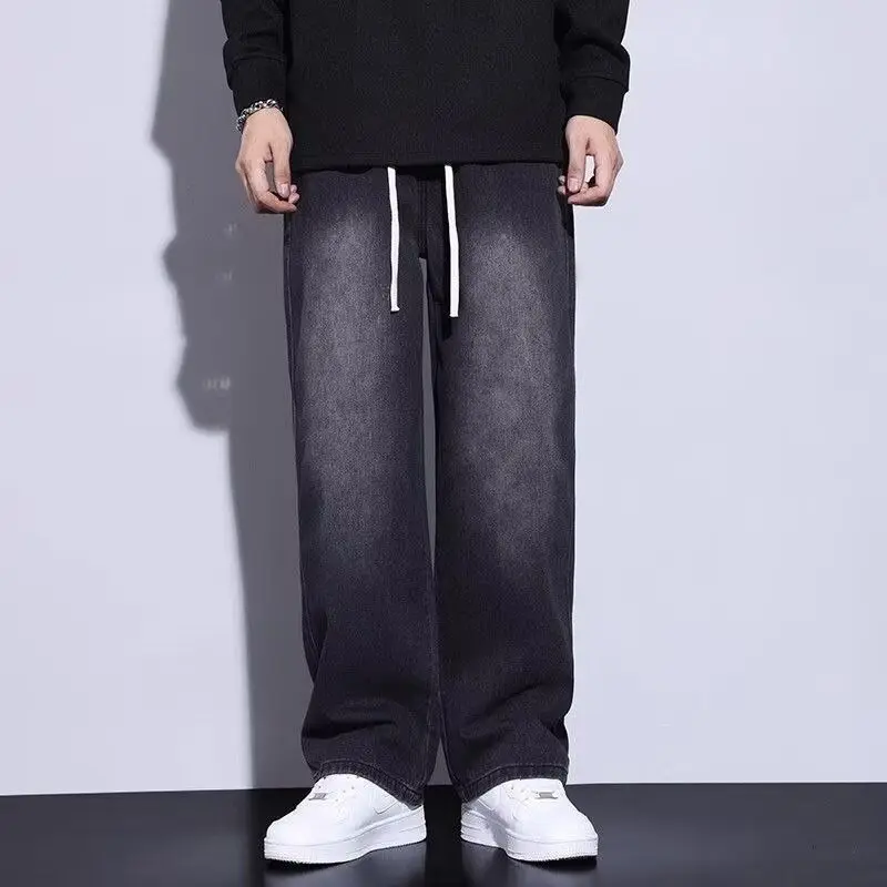 

Мужские черные модные брендовые широкие брюки в стиле ретро, мужские ковбойские повседневные прямые черные мешковатые брюки на шнурке, уличная мужская одежда