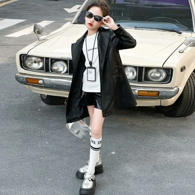 

Кожаное пальто премиум-класса для девочек на твине, весенне-осенний сезон, легкий плащ с дизайном в лесном стиле, куртка средней длины