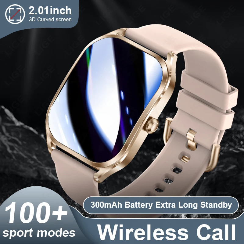 LIGE 2.01 inch Large Screen Bluetooth Call Smartwatch Men Women Sports Fitness Health Monitor Smart Watch Waterproof Men Watch