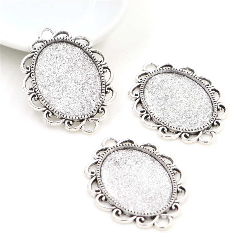 10pcs 18x25mm Inner Size Antique Silver Plated and Bronze Flowers Style Cameo Cabochon Base Setting Pendant necklace findings-