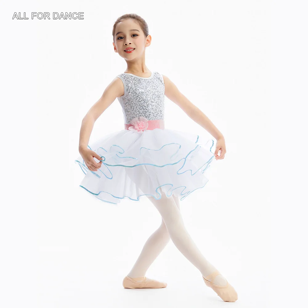 

C26088 Детская балетная пачка, белый лиф из спандекса с блестками и многослойной тюлевой юбкой-пачкой, балетные костюмы для выступлений на сцене для девочек