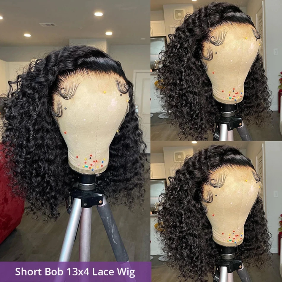 Deep Curly 13x4 Bob Wig Lace Front Human Hair Wig For Women Short Bob Wig 200% Density Transparent Lace Frontal Wig Water Wave