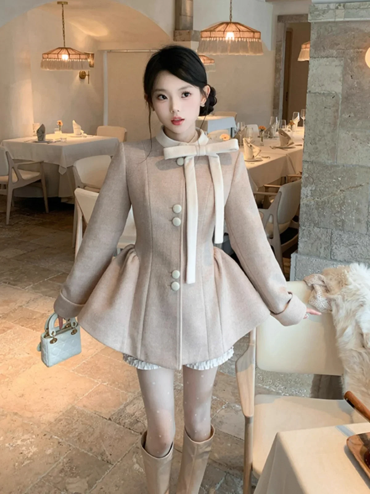 Pink Wool Jacket High Waist Half-body Shorts Two-piece Suit Women's Winter Coats and Jackets Women
