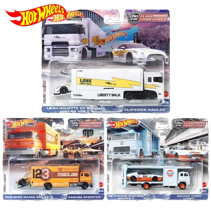 Original Hot Wheels Premium Auto Kultur Team Transport Kinderspiel zeug für Jungen Druckguss Nissan 35gt-rr Mazda RX3 Tomaso Pantera