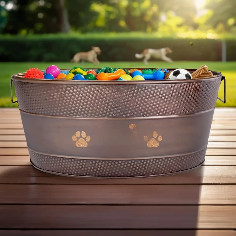 Metal Dog Toy Bin Copper Galvanized Storage Bin with Handles, Basket for Pet Toys, Dog Toy Box, Pet Storage