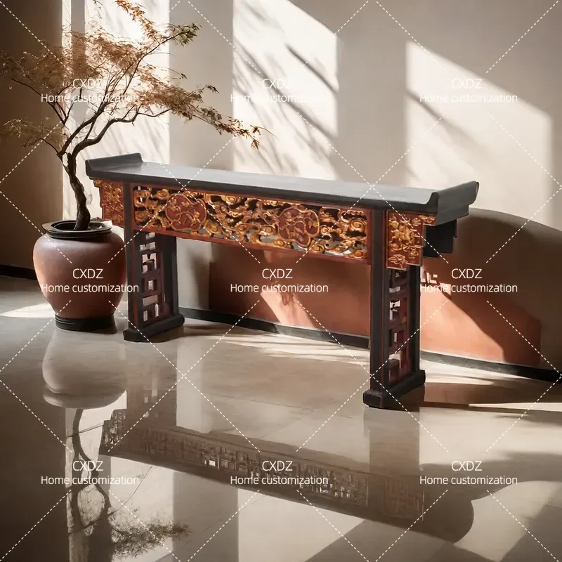 Antique strip case new Chinese solid wood old retro carving gold porch upturned head table classical altar offering table