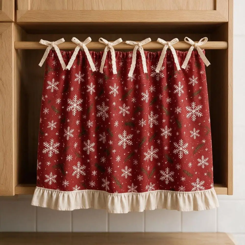 Xmas Tree Snowflake Printed Christmas Oven Short Curtain Decorative Ruffled Edge Farmhouse Oven Skirt American Countryside Style