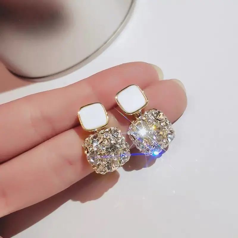 Vintage Enamel Square Stud Earrings For Women New Trendy Full Zircon Earrings Female Niche Temperament Fashion Jewelry Gift