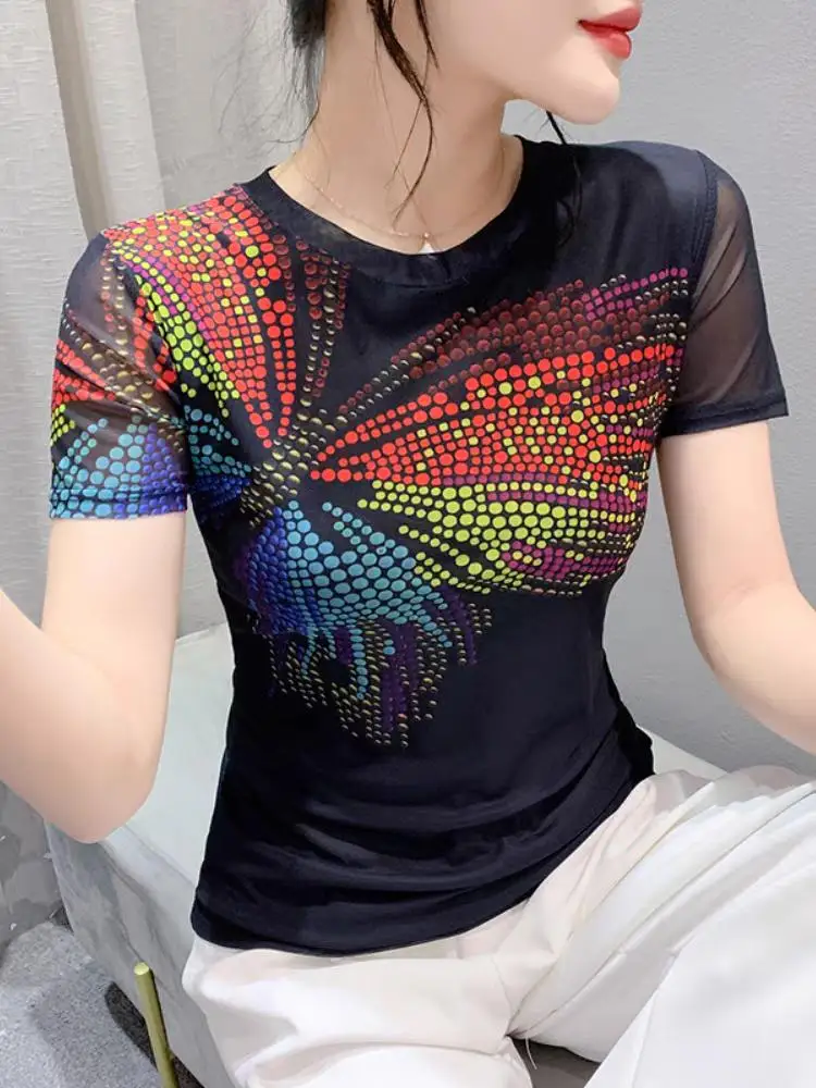 Located Printing Mesh Tee T-shirts Girl O Neck Short Sleeve Summer Mesh T Shirt Women High Stretch Slim Tops FF8138