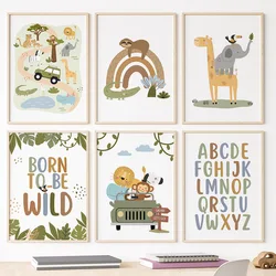 Cute Giraffe Elephant Lion Monkey Car Rainbow Wall Art Canvas Painting Cartoon Posters And Prints Pictures Baby Kids Room Decor