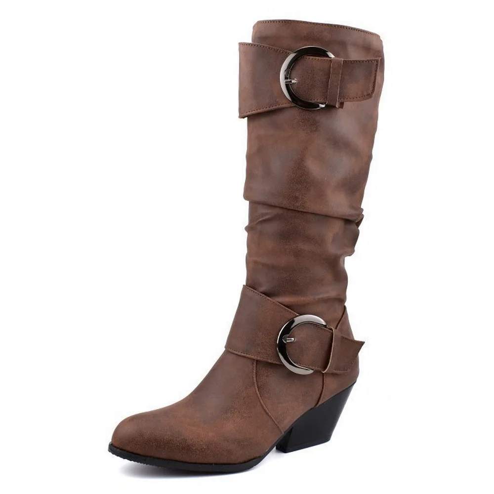 

New Arrivals Block Heel Women's Knight Boots,Knee High Botas,Buckle Straps Fall/Winter Shoes,Round Toe,Black,Brown,Dropship